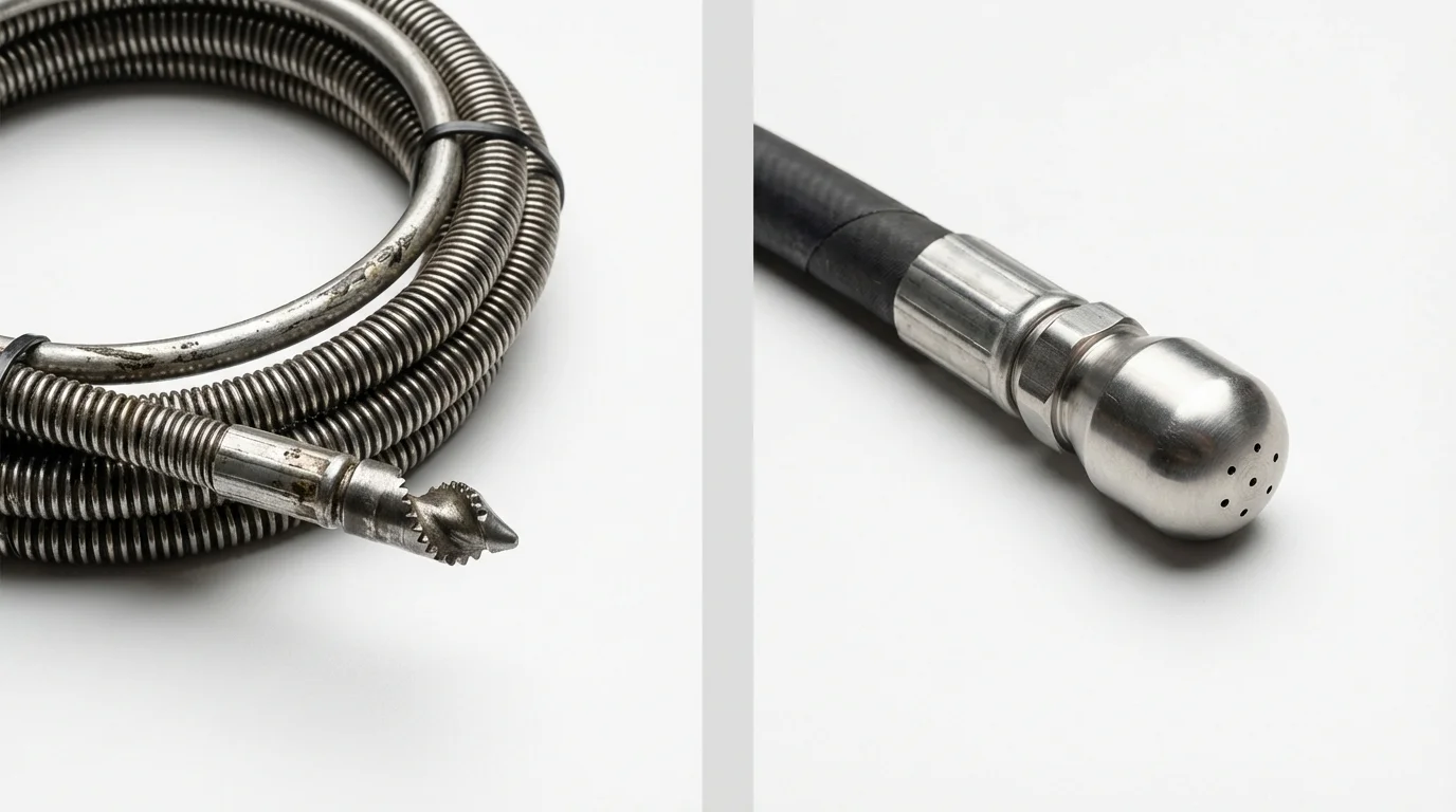 Drain snake cable and hydro jetting nozzle used for drain cleaning in Sparta, NJ