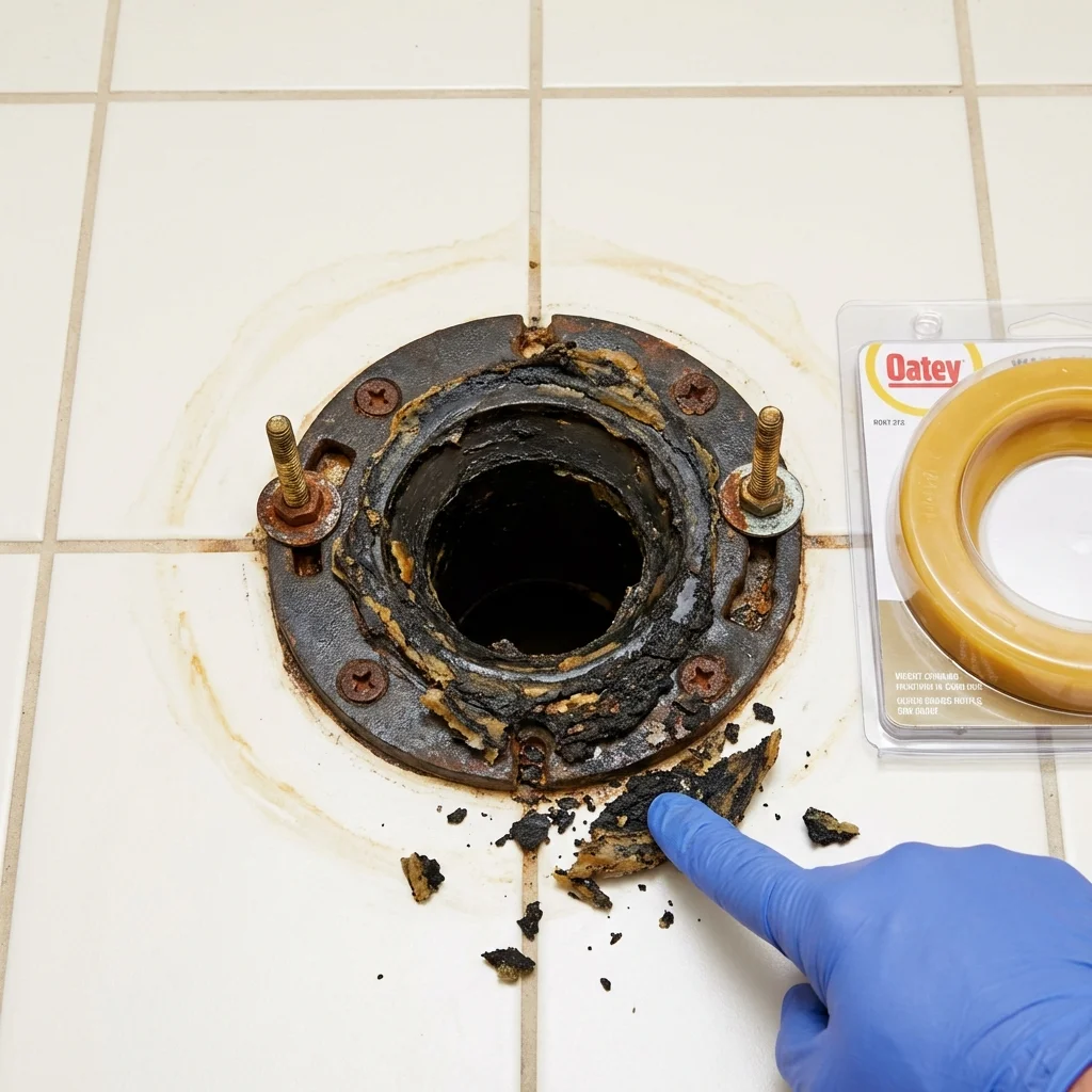 Failed wax ring showing water seepage at the base of a toilet in a Sparta, NJ home